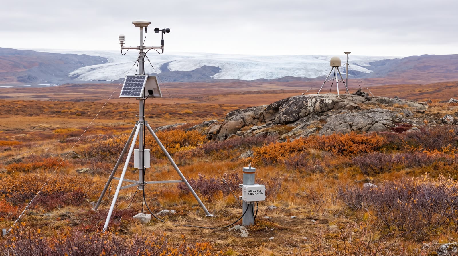 A GNSS antenna on a tripod bolted to bedrock, beside a weather mast on autumn tundra, an ice sheet behind