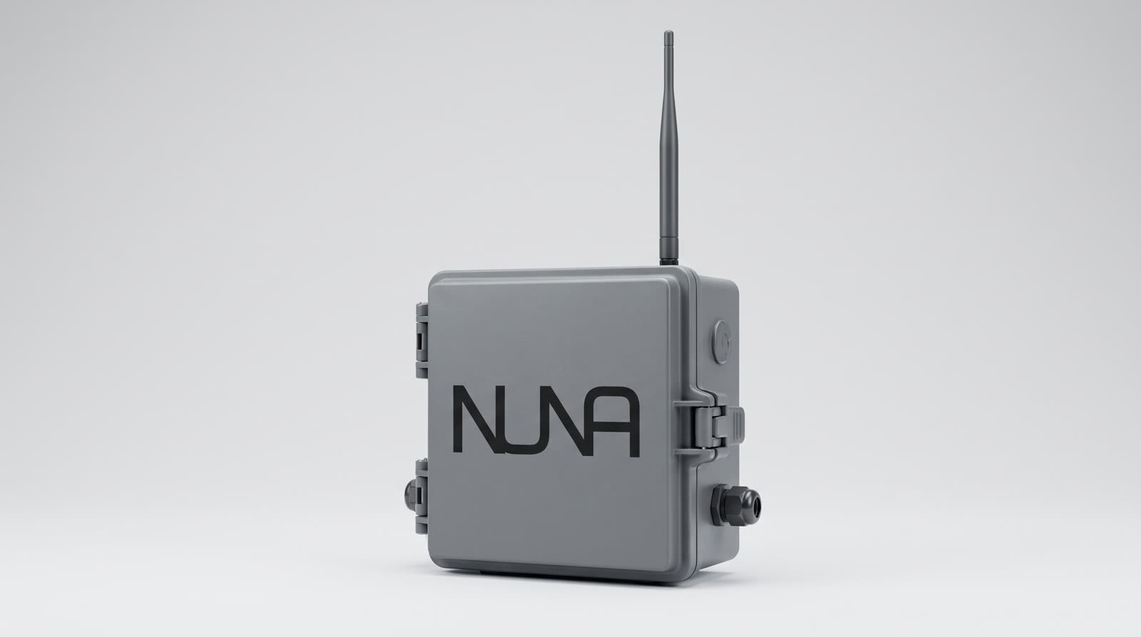 A grey weatherproof enclosure with the NUNA wordmark and an upright antenna, on a plain light background
