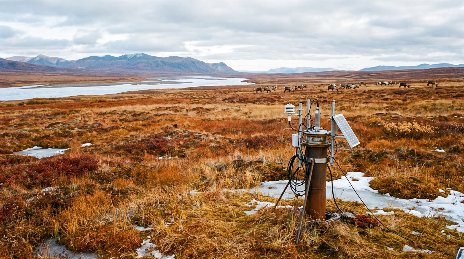 A borehole casing with loggers and a small solar panel on rust-coloured autumn tundra, reindeer grazing by a river behind