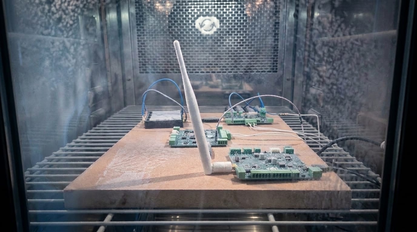Three V1 circuit boards with an antenna on a board inside a frosted climate chamber